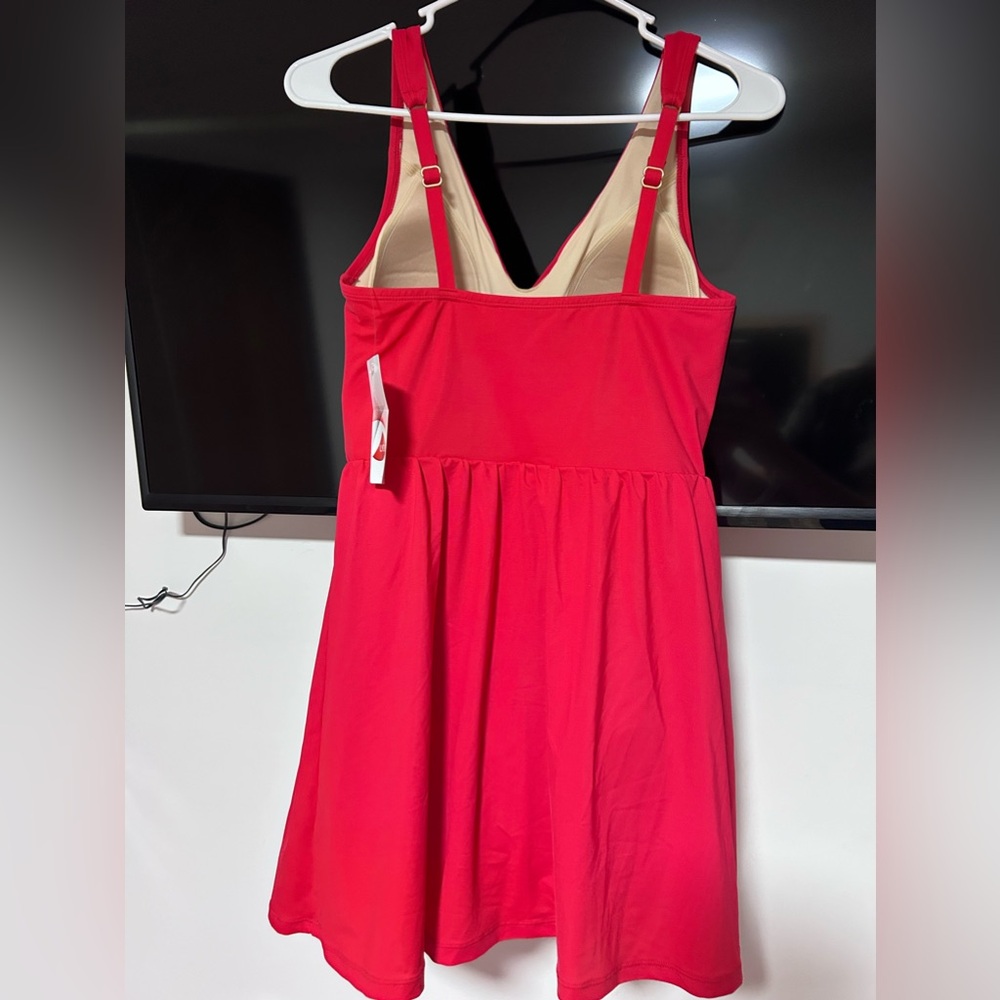 Red V-Neck Women's Swim Dress - Picture 3 of 13
